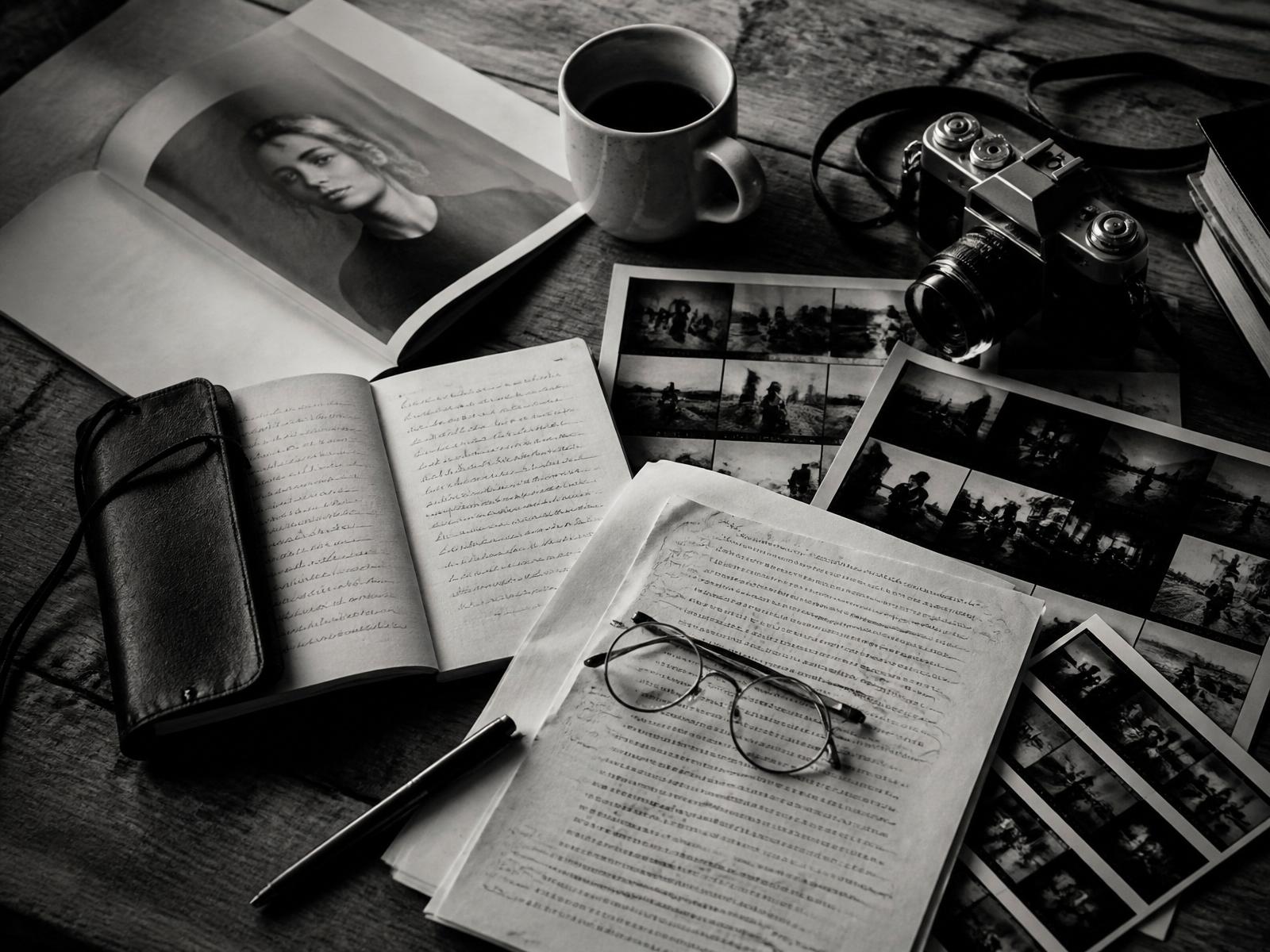 An editor's desk, monochrome: open notebook, marked-up manuscript, contact sheets, film camera, reading glasses, coffee.